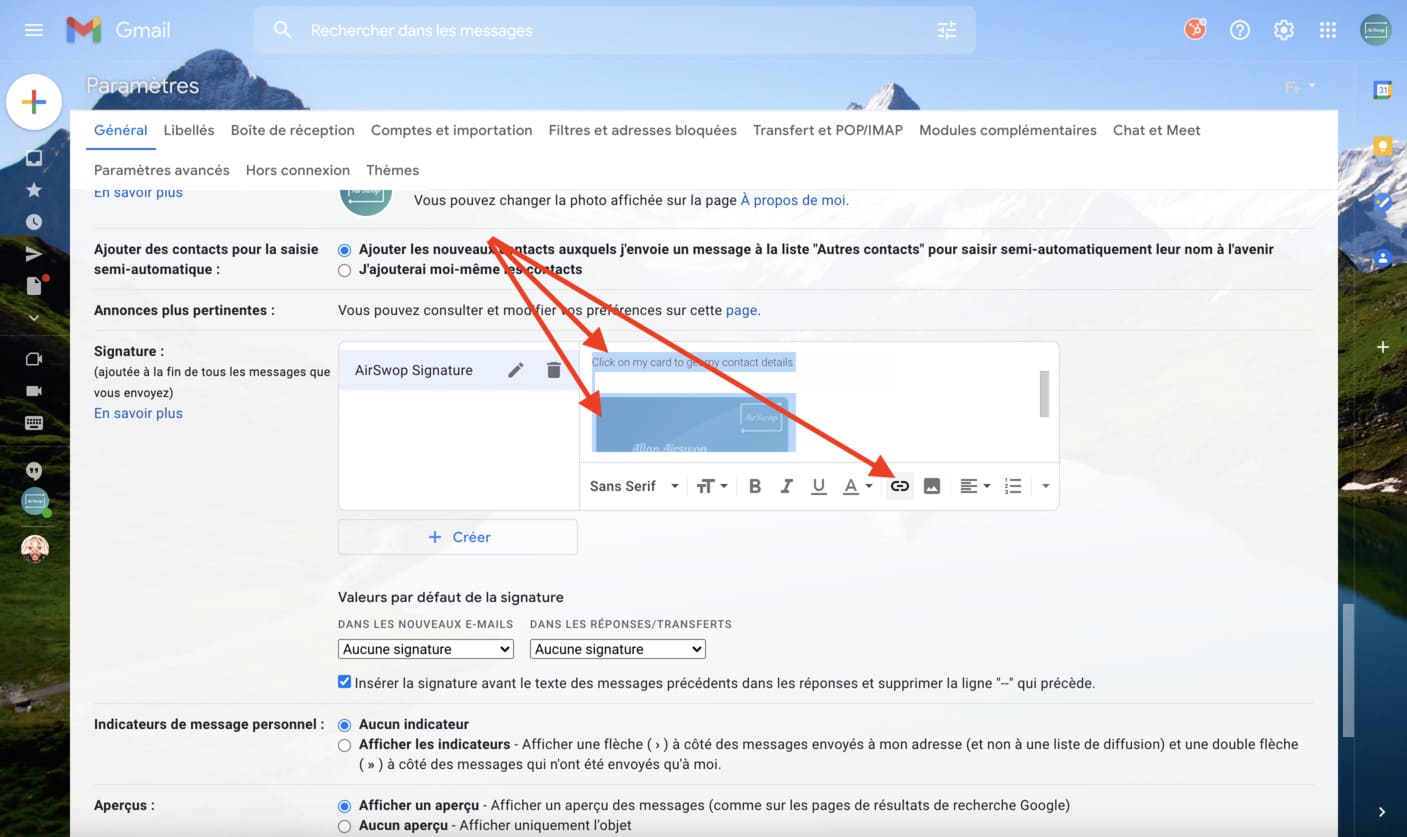 select and insert link into your signature