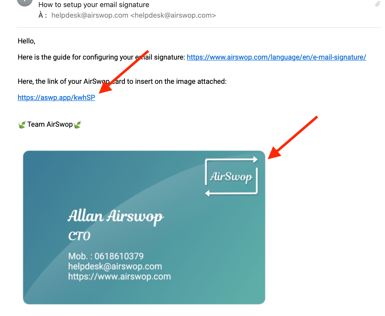 mail with card image and AirSwop card link